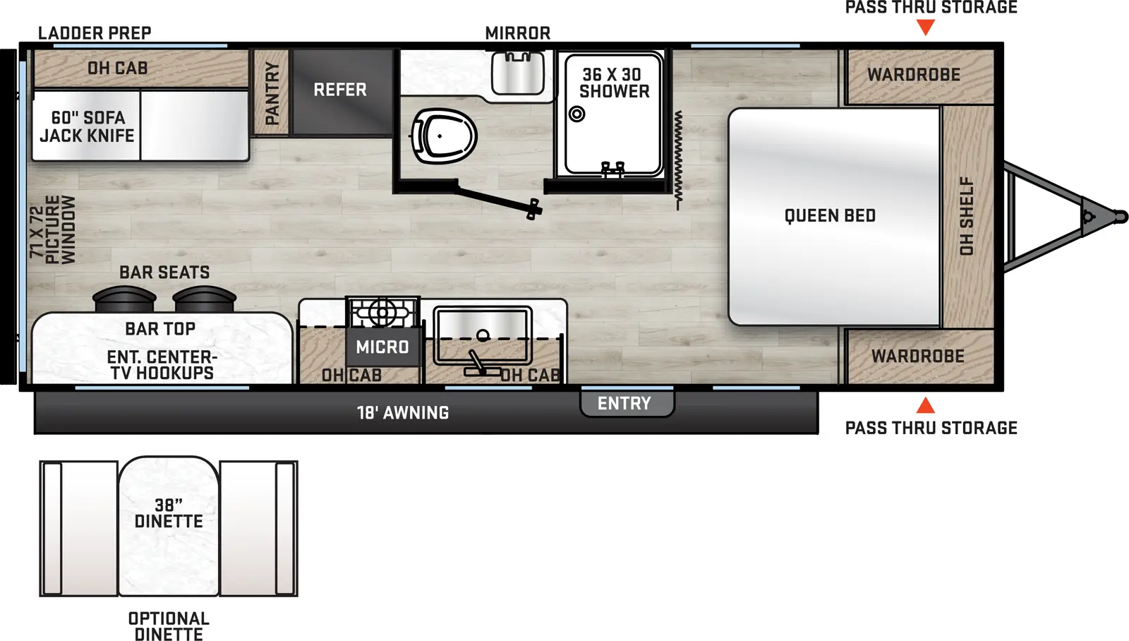 The Catalina Summit Series 8 221EPIC has one entry and zero slide outs. Exterior features include: metal exterior and 18' awning. Interiors features include: front bedroom.